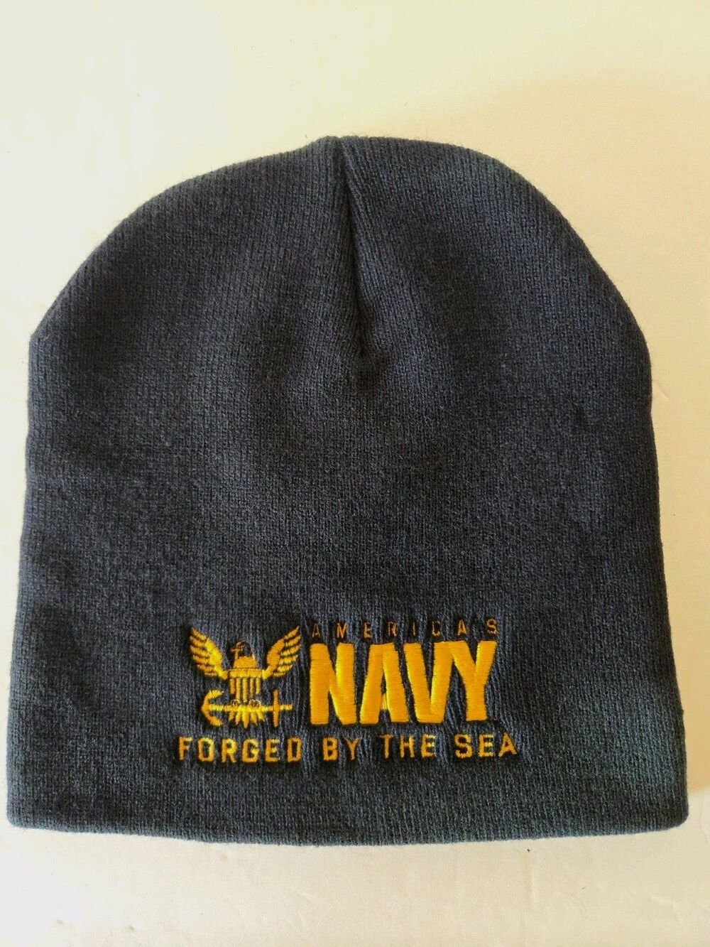 America’s Navy Forged By The Sea Beanie Hat Navy Blue Knit Made In USA Bayside